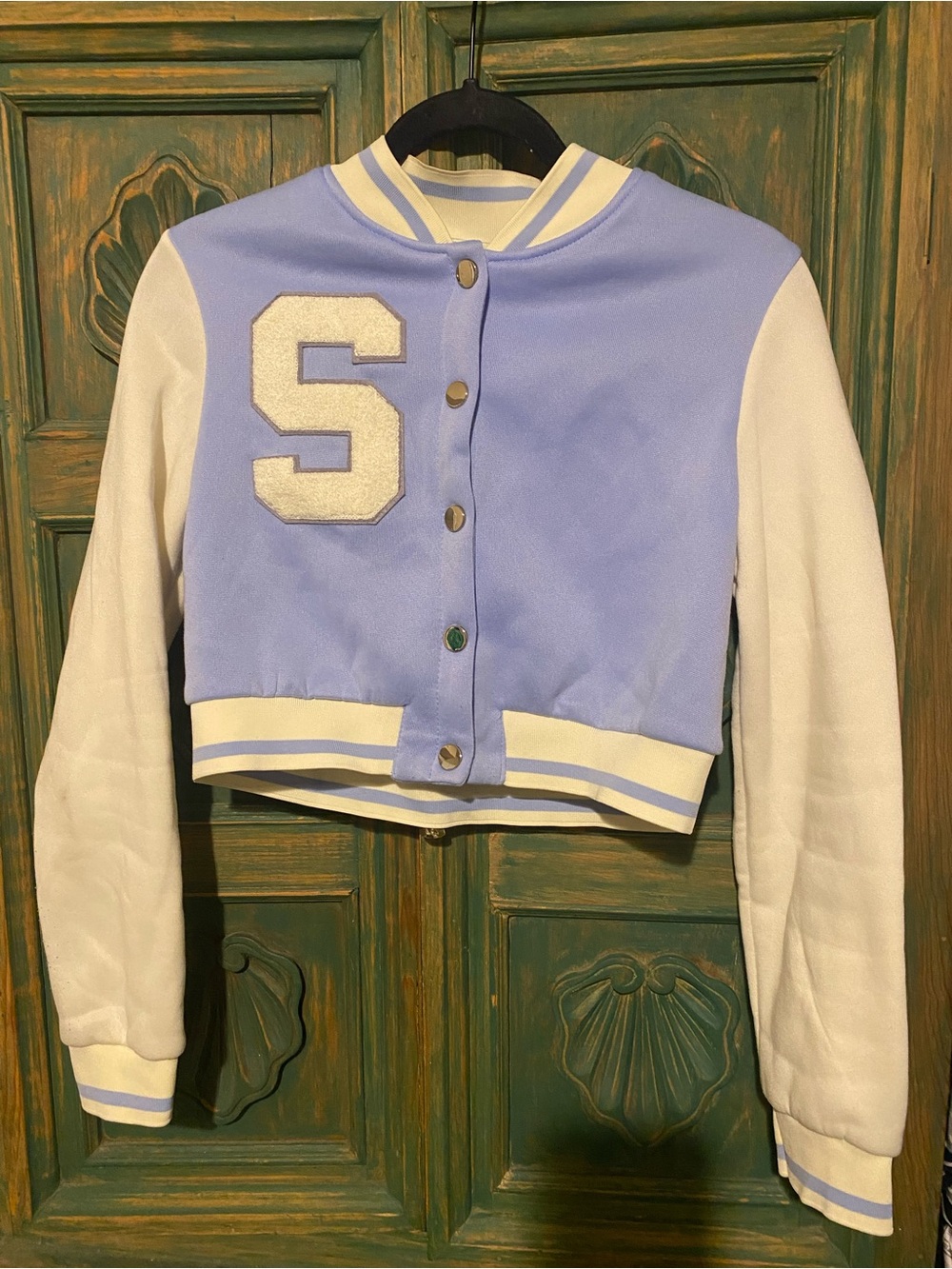 SHEIN Light Blue & White Cropped Varsity Jacket